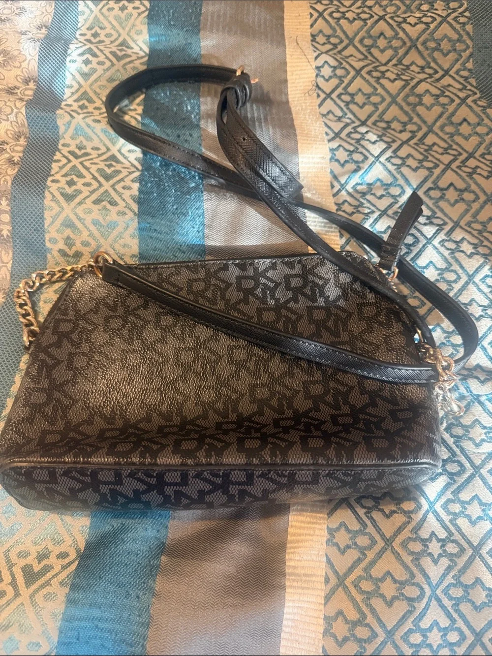 DKNY Black Crossbody with Cream Center Stripe and Monogram